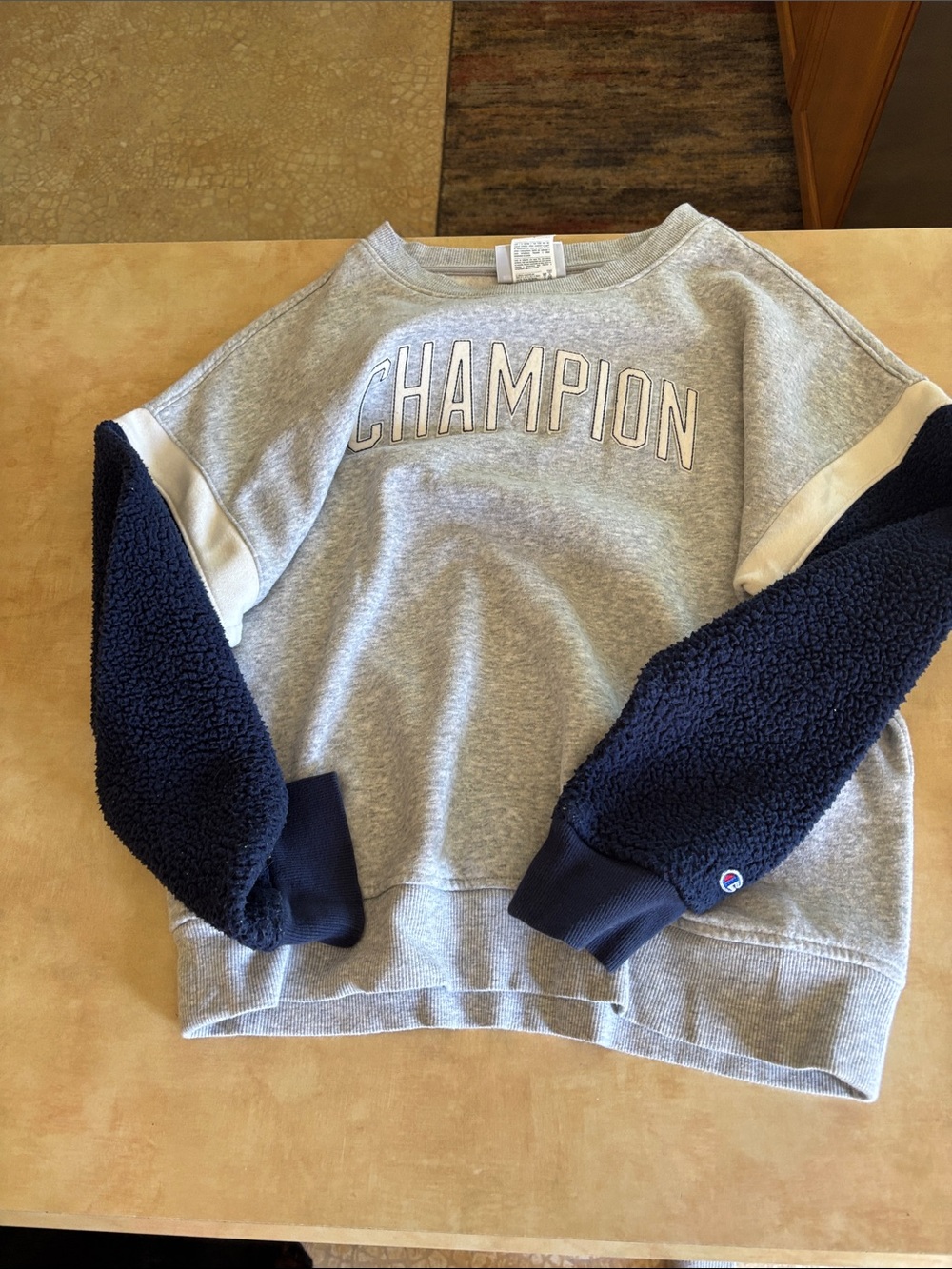 Champion Grey Crewneck Sweatshirt with Navy Sherpa Sleeves